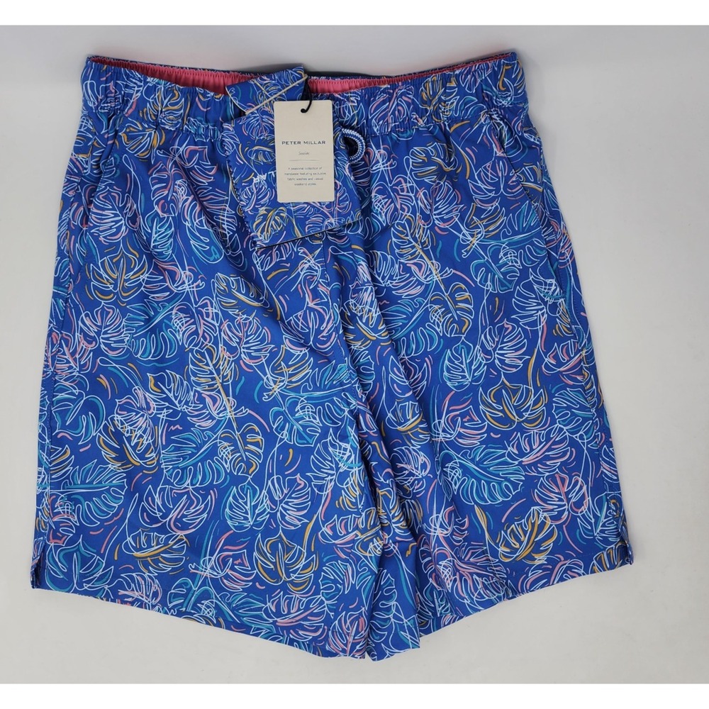 NEW Peter Millar Seaside Men's Monstera Magic Swim Trunk Size Small Blue AOP NWT